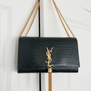 Yves Saint Laurent medium Kate bag Black Croc-Embossed Clutch with Gold Chain